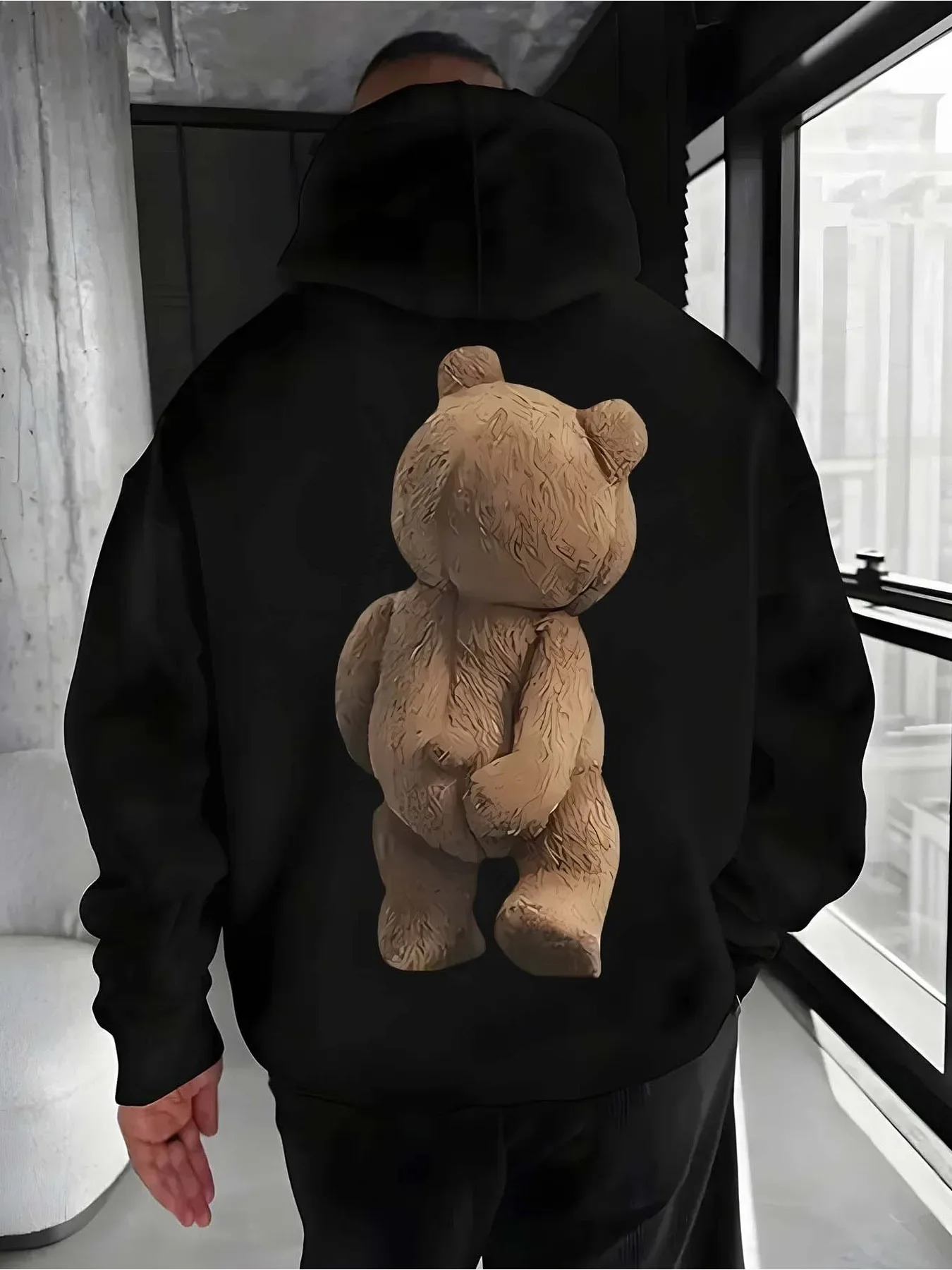 Moletom masculino casual de alta qualidade com estampa divertida e peculiar de urso, com capuz e corte solto, ideal para uso diário e treinos, tendênc