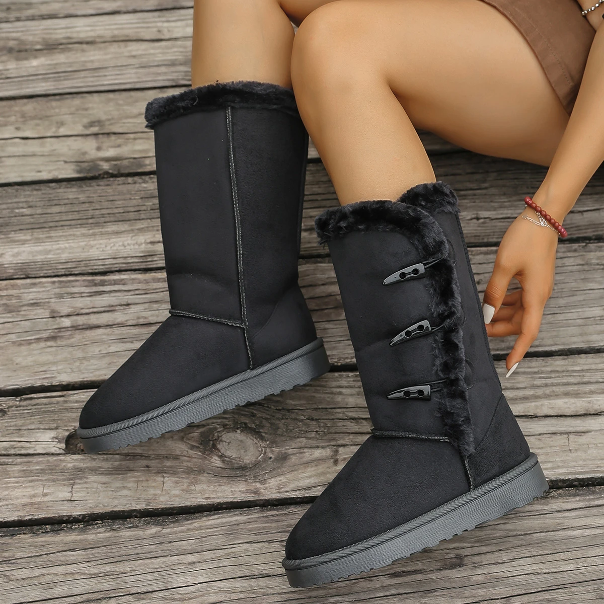 Damen Schneestiefel Winter Halbstiefel Warme Baumwollschuhe Mode Einfarbige Knopf-Stiefel für Damen Braune Lange Stiefel Übergröße 36-42 – Detail 6