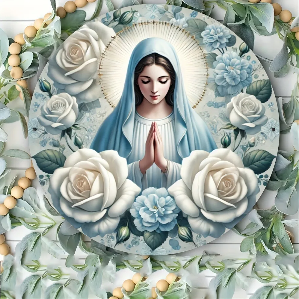 

Vintage Religious Virgin Mary Prayer Decor with Floral Pattern,Reusable Metal Plate forGarden,Ornate Design, Intricate Detailing