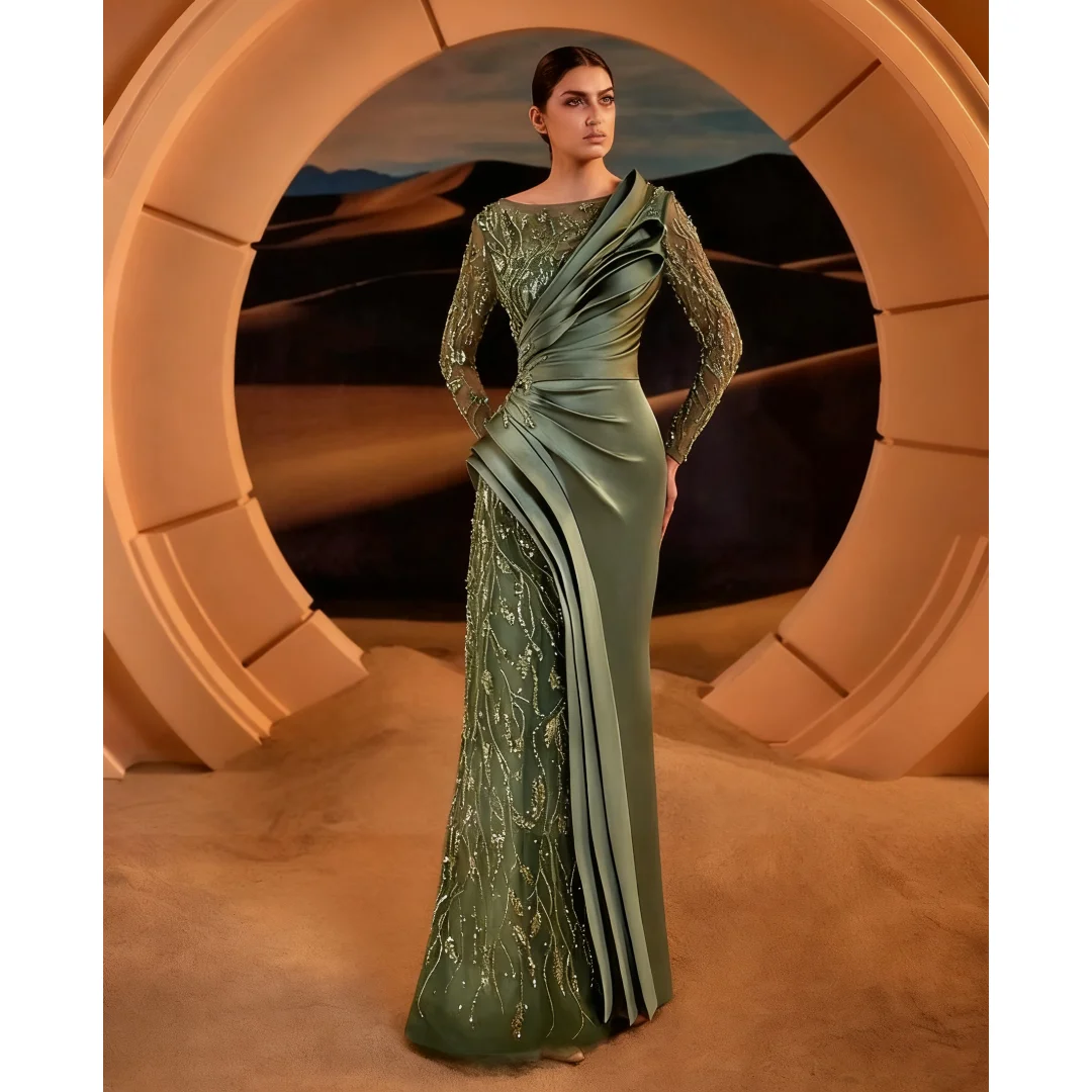 Olivgrünes Ballkleid mit langen Ärmeln, glitzerndes Abendkleid, Meerjungfrauen-Stil, Partykleid für besondere Anlässe, luxuriöses formelles Bankettkleid, maßgeschneidert