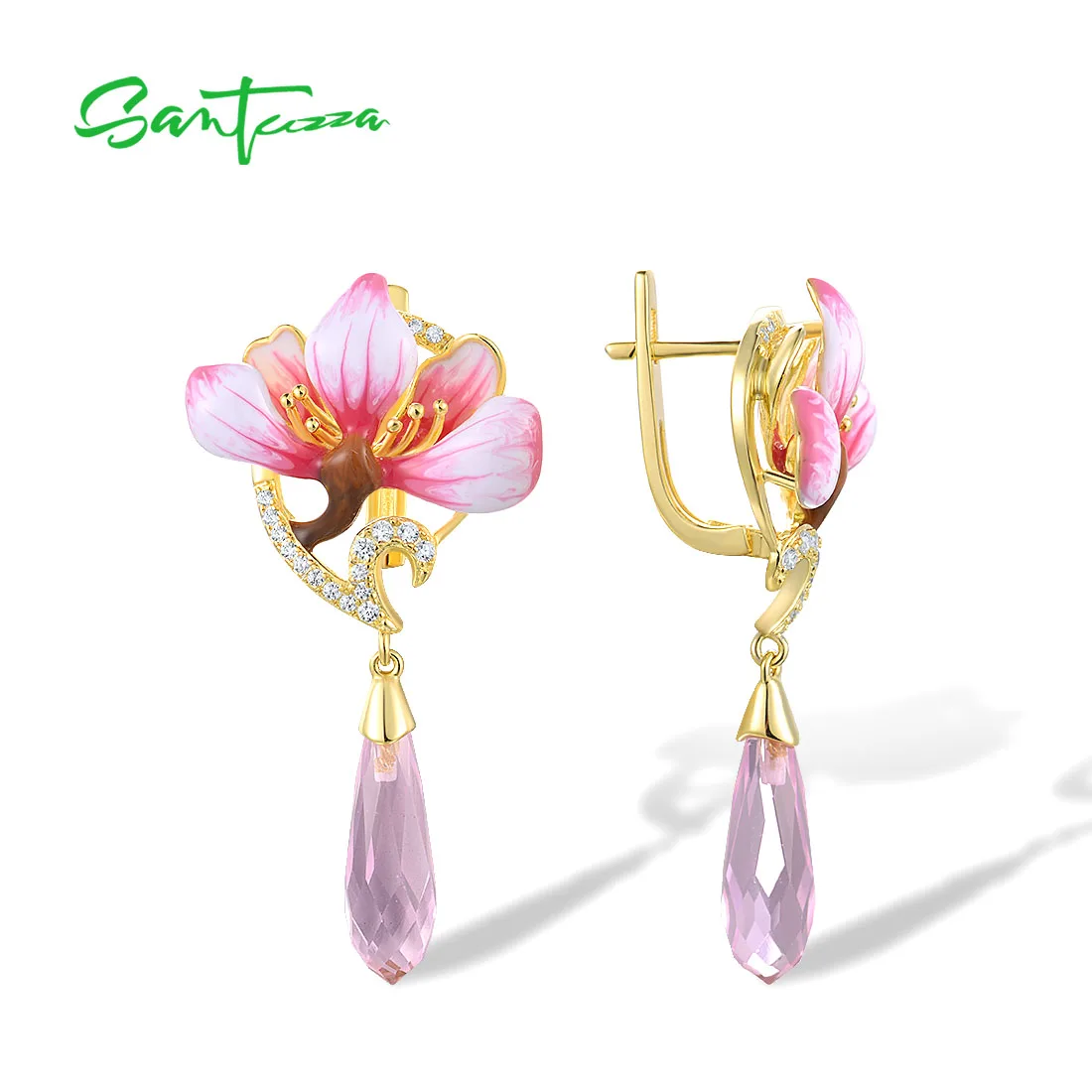 SANTUZZA Pure 925 Sterling Silver Drop Earrings For Women Sparkling Pink Stones White CZ Flower Enamel Fine Jewelry Handmade