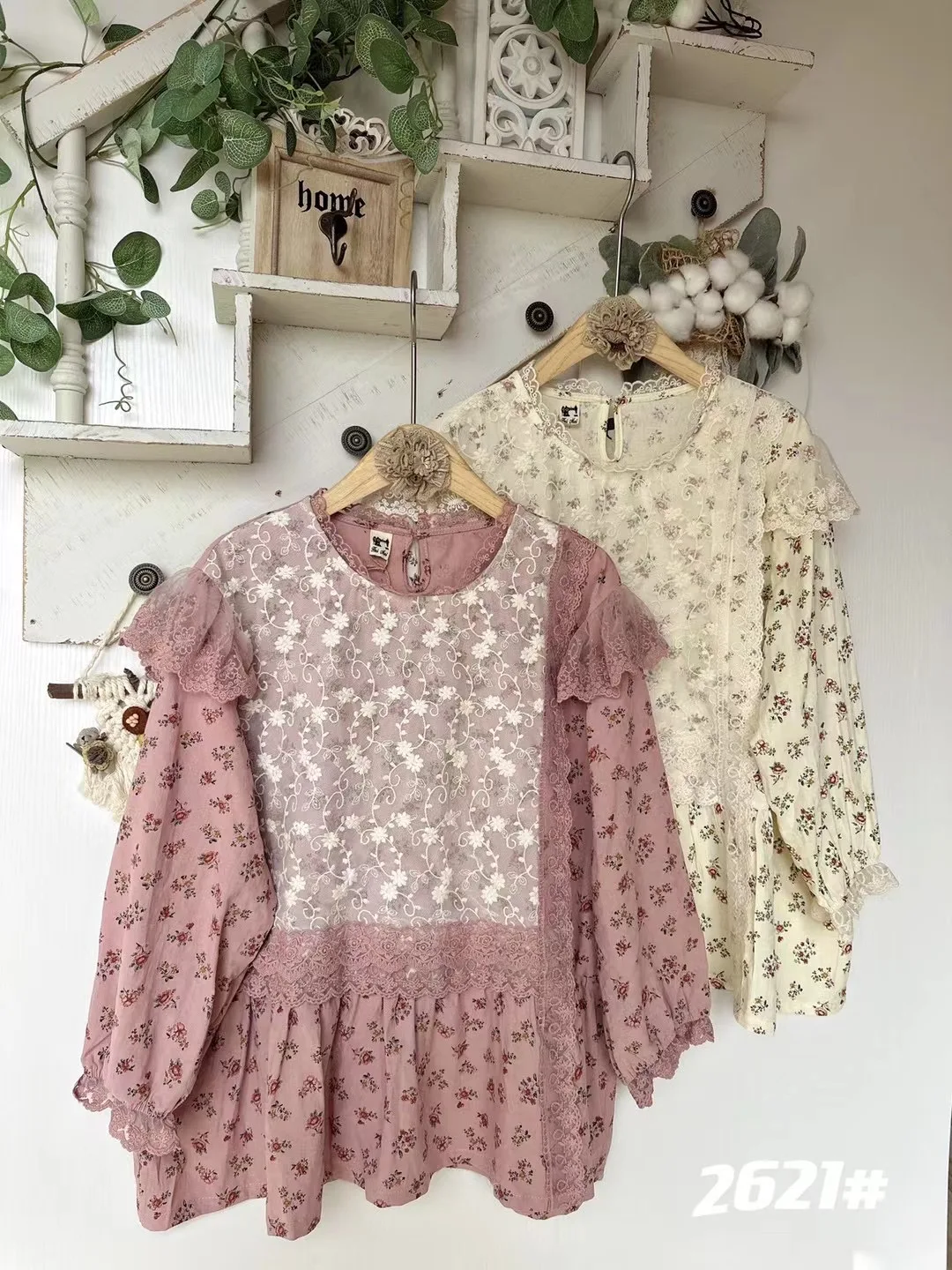 Blusa Holgada de Algodón con Encaje Floral y Parches, Estilo Coreano, para Primavera/Verano