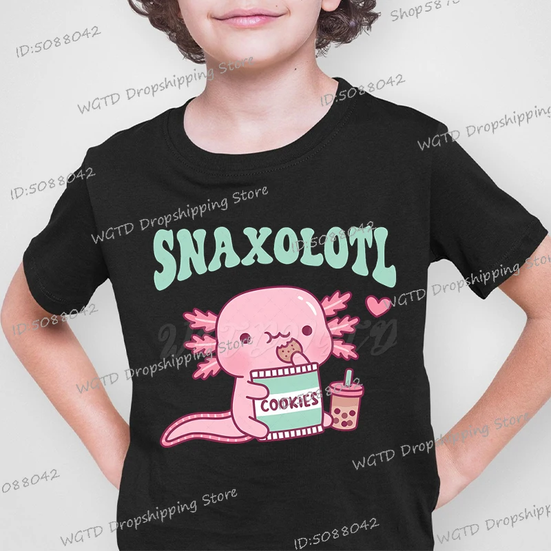 Cute Snaxolotl Axolotl Eat Cookies Print Casual Short Sleeve Shirt Cartoon Style Boys Girls Axolotl Bubble Tea Kids Y2K T-shirts