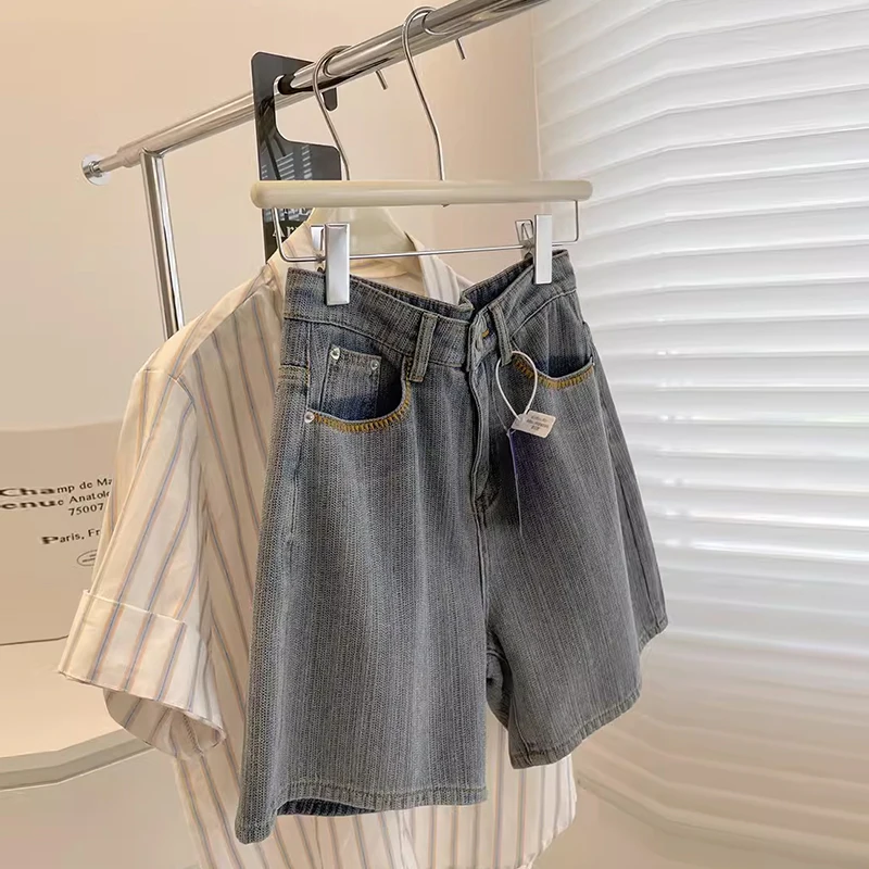 

Summer Thin High Waist Straight Leg Five-Quarter Denim Shorts Women's plus Size Wide Leg A-Line Mid-Length Jeans