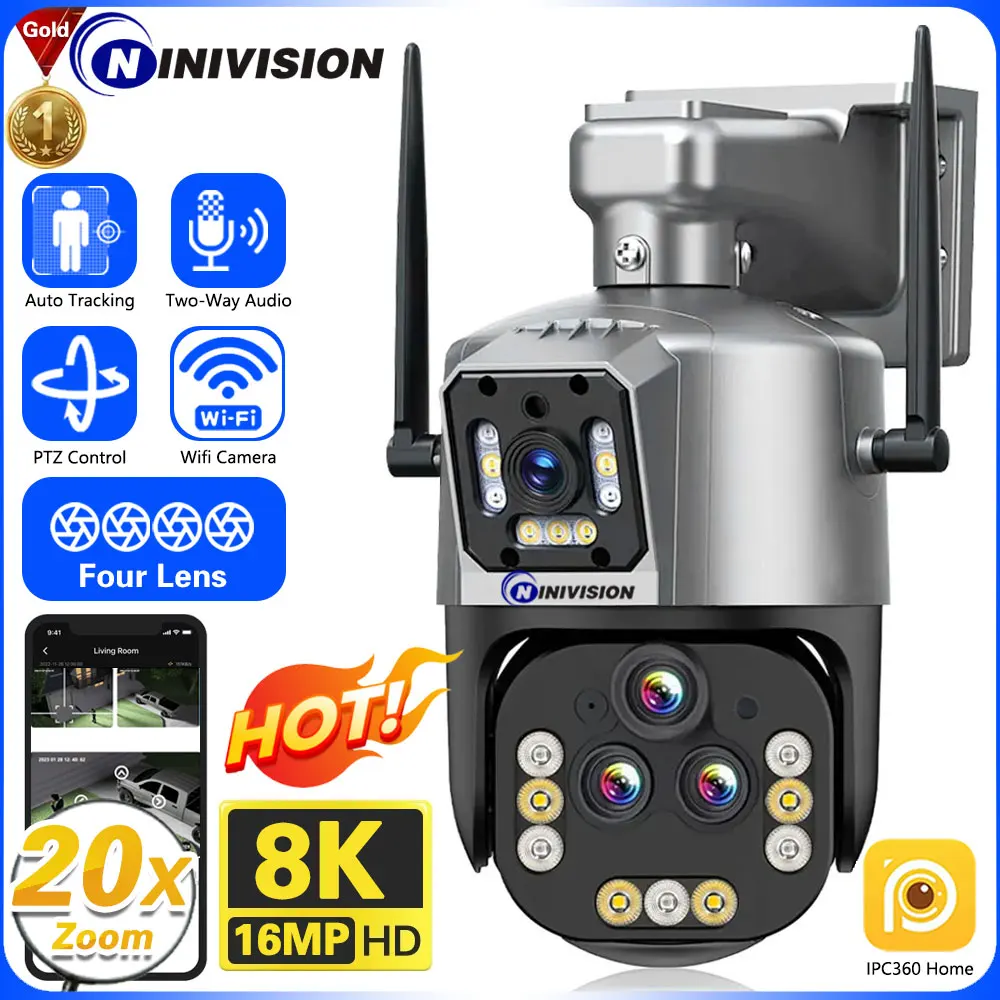 

8K 16MP Four Lens WIFI PTZ Camera 20X Optical Zoom AI Auto Tracking Outdoor 8MP Security CCTV Surveillance IP Camera IPC360 HOME