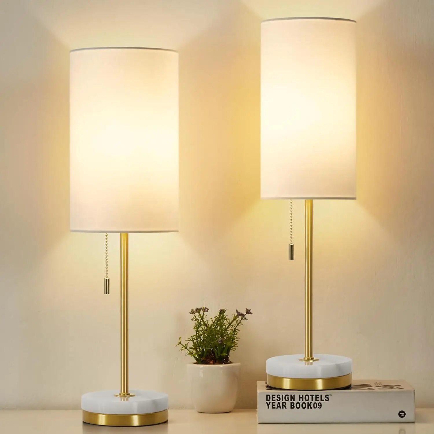 

Modern Marble Base Table Lamp Set of 2 with Fabric Shade, Pull Chain for Bedroom Living Room Office