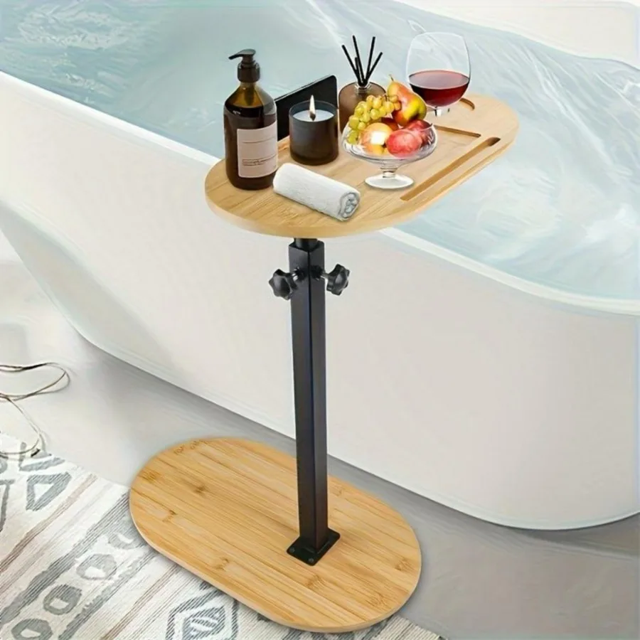 

Bamboo Bathtub Tray Table Bath Side Table with Metal Base Adjustable Height Portable Freestanding Caddy Tray Tub Shelf for Luxu