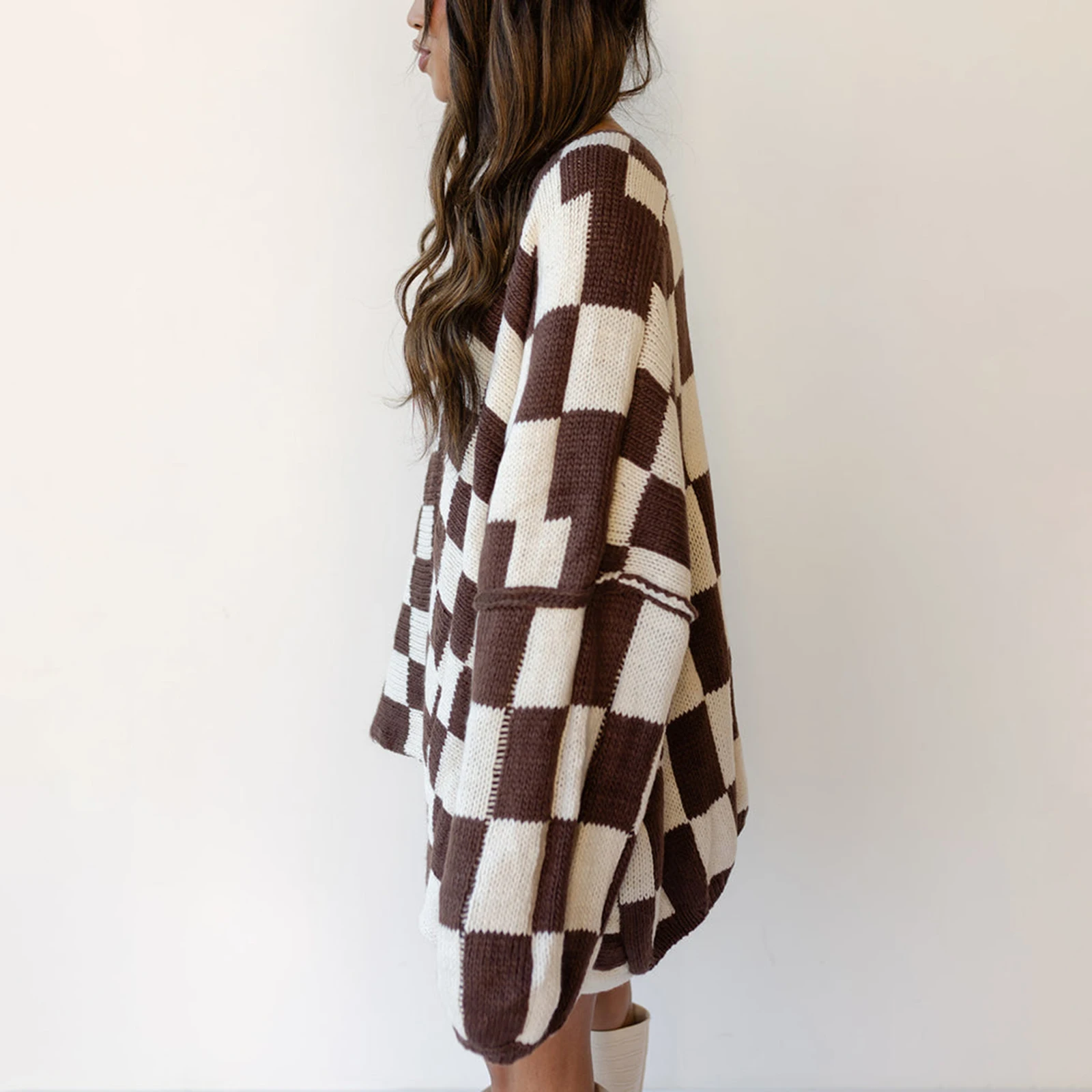 Women\'s Checkerboard Knit Cardigan 2024 New Oversized Plaid Print Long Lantern Sleeve Open Front Loose Sweater Cardigan