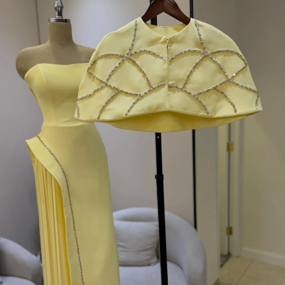Customized Minimalist Lemon Yellow Evening Gown Featuring Simple Square Neck Matching Short Cape With Geometric Rhinestone
