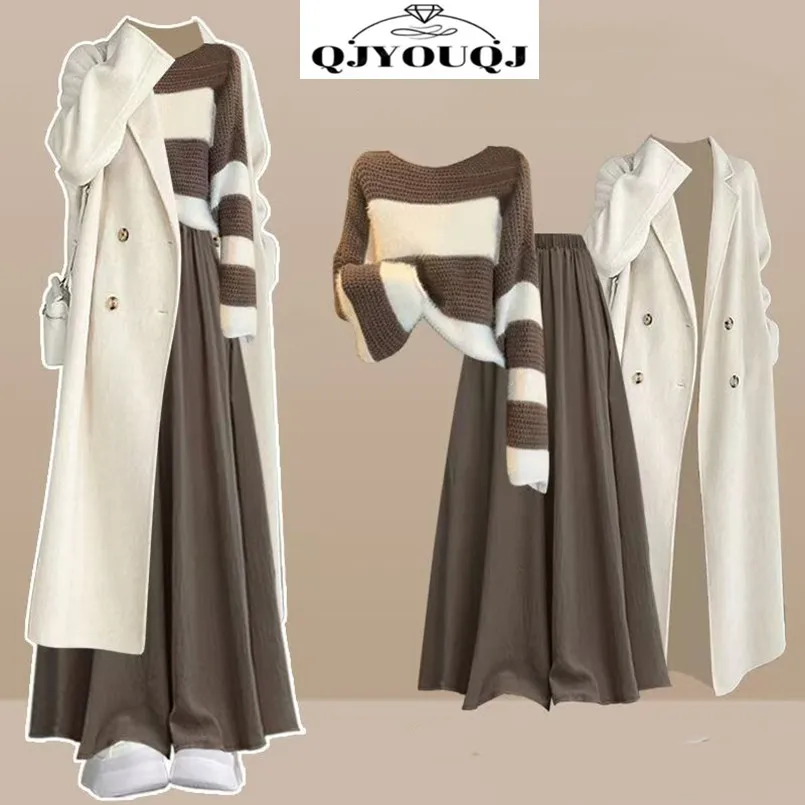 

Осенне-зимний костюм в корейском стиле с женским темпераментом, полосатый вязаный свитер, длинная куртка, повседневные брюки, комплект из трех предметов