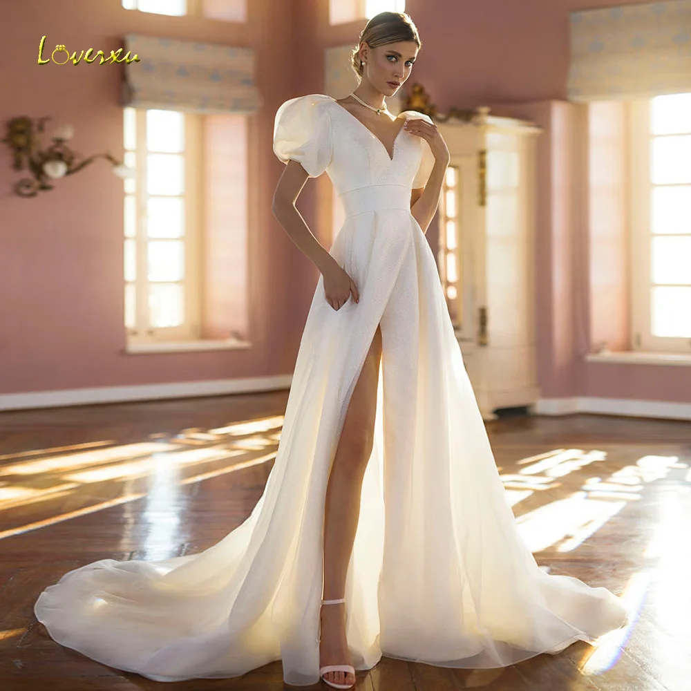 Loverxu A-Line Simple Wedding Dresses Sweetheart Puff Short Sleeve Vestido De Novia Illusion Tulle Split Custom Made Bridal Gown