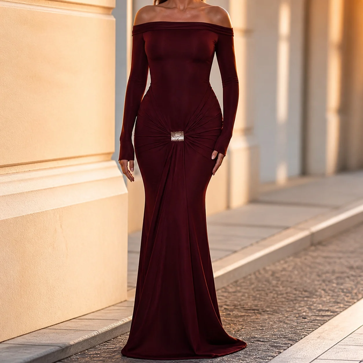 Off Shoulder Long Sleeve High Waist Maxi Dress for Wedding Guest Elegant Party Prom Wedding Party Solid Color Metallic Buckle