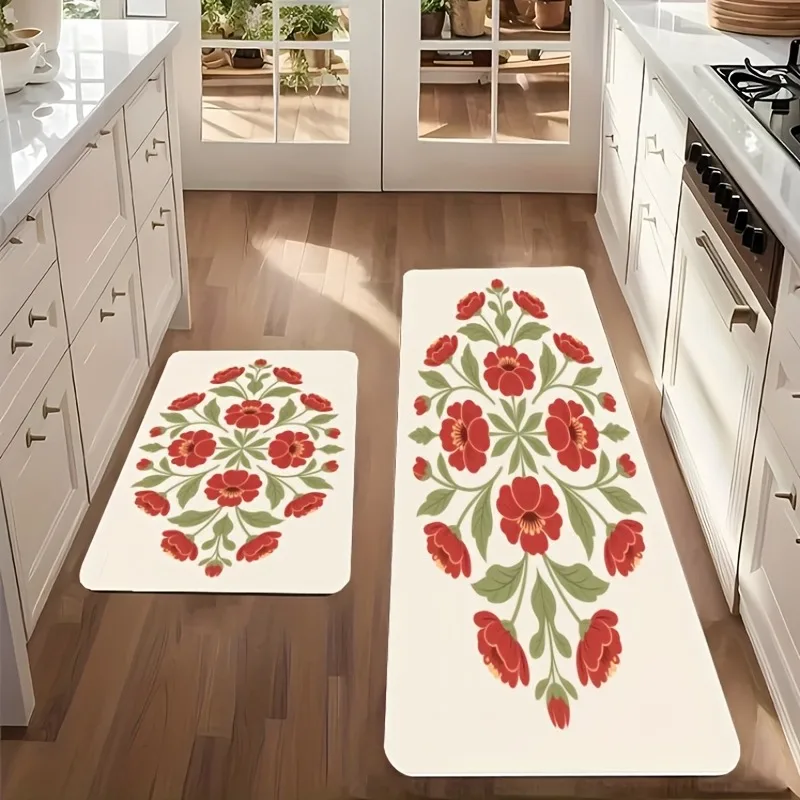 

1PC Red floral Pattern Kitchen Rug Non-Slip Door Mat Pop design Bathroom Rug Bath Mat Carpet for Home Sink Laundry Decoreeree