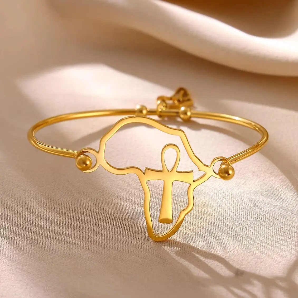 Hohles Afrika-Karten-Ankh-Kreuz-Armband für Damen aus Edelstahl in Goldfarbe, verstellbares afrikanisches Ägypten-Symbol-Armband, ethnischer Schmuck.