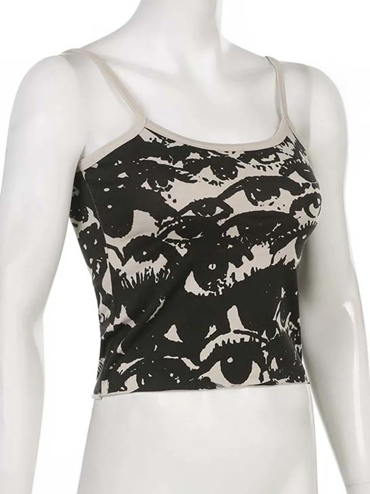 Camiseta gótica con estampado de retrato para mujer, Tops cortos de estética Y2K, chaleco de manga corta, camisetas Harajuku, ropa de calle con tirantes blancos
