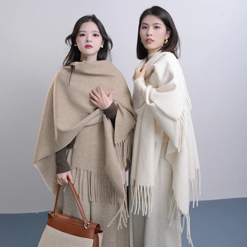 Classic Pure Color Soft Wool Blends Cape Cardigan Women Spring Autumn Winter Thick Split Shawl Poncho Daily Travel Cloak Long