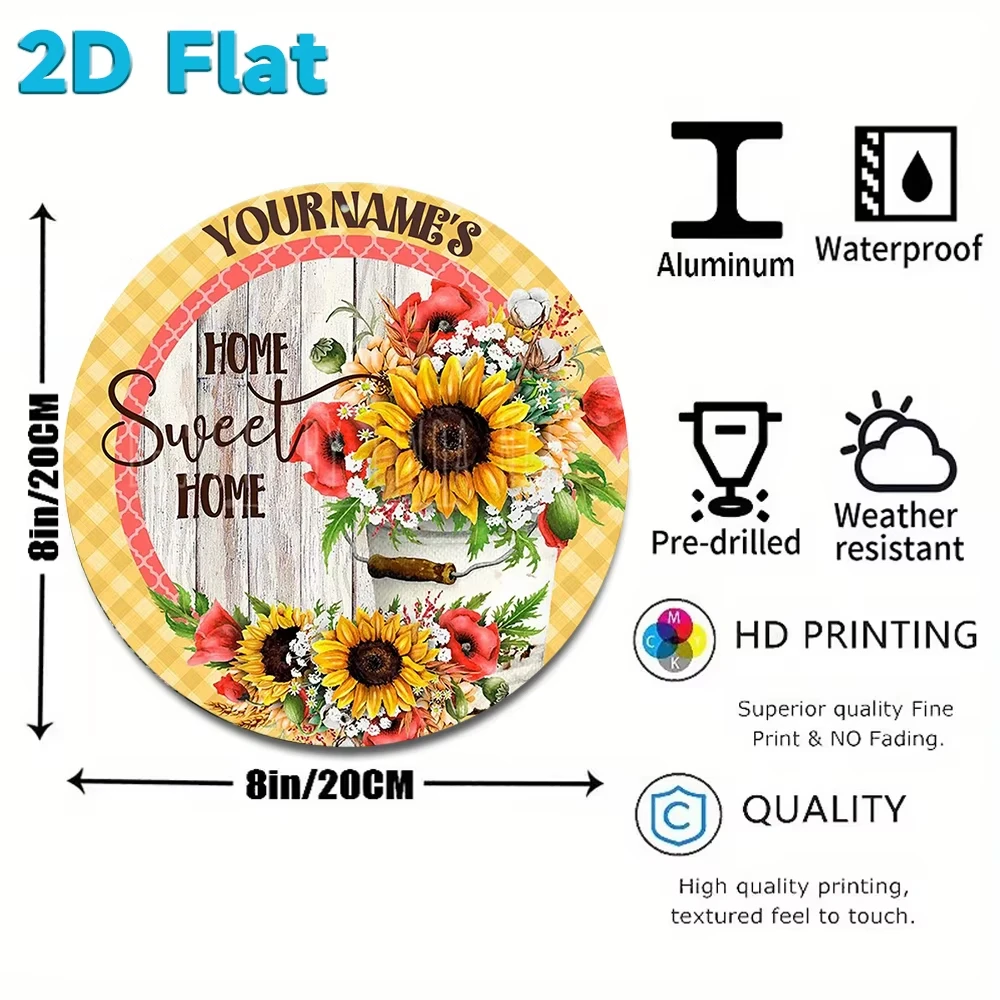 Custom Home Sweet Home Metal Sign, Personalized Name Round 2D Flat Metal Plaque Sunflower Floral Farmhouse Wall Decor Gift 8 Inc