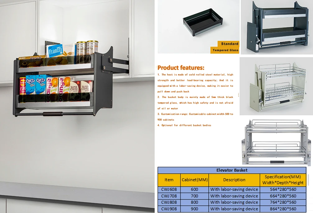 For Kitchen Storage Cabinet Lift System Pull-Out Shelves Elevator Lifting Basket Hardware Organization Aluminum Alloy Grey