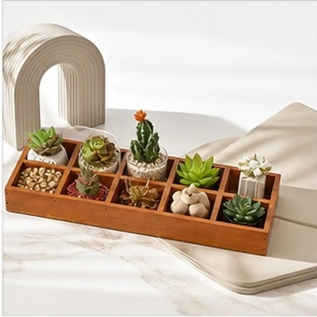 1Pcs Premium Wood Storage Box Multipurpose 10 Compartments Desktop Organizer for Home Office School Stationery Plants Cosmetics