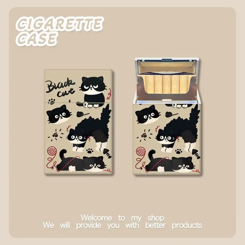 Cartoon Black Cat Print Cigarette Case, 20 Count Portable Plastic Cigarette Box, Dual-Use for Slim & Regular Cigarettes