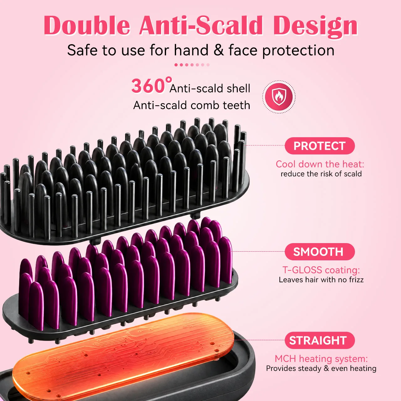 Hatteker Wireless Portable Travel Hair Straightening Comb Three Temperature Settings Volumizing Root Straight And Curl Dual Use Hot Air Comb