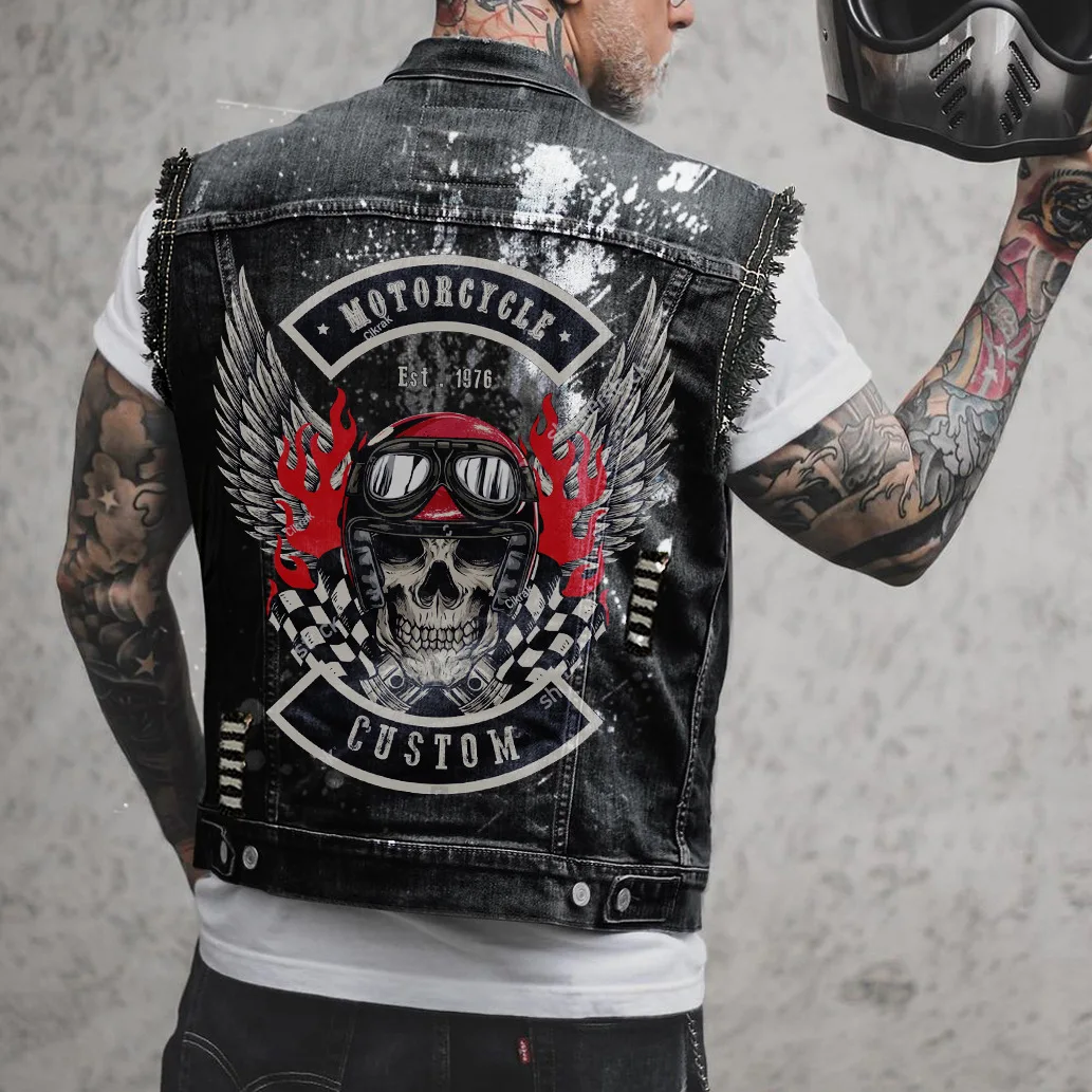 Men\'s Denim Vest 2024 New Skull Print Top Men\'s Tank Top Ropa Hombre Gym Clothing Men Denim Vest Motorcycle Vest Oversized S-6XL