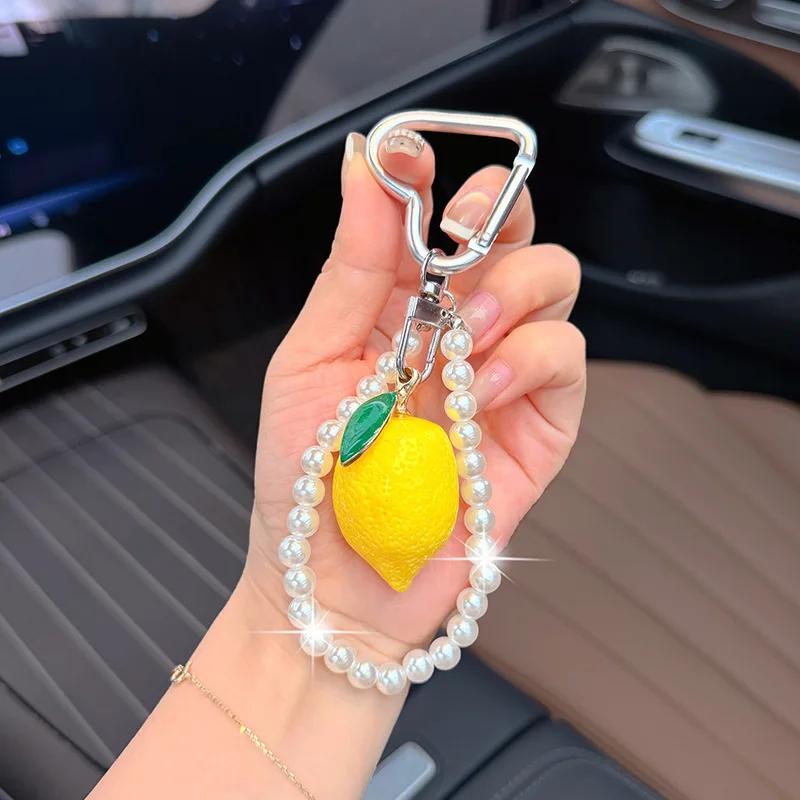Resin mango lemon pumpkin Fruit Bag Charm Pearl Strand Heart Shaped Carabiner Keychain Cute Sweet Style Fruit Handbag Chain