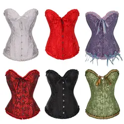 Women Sexy Gothic Satin Brocade Stays Corset Bustier Top Waist Shaper Overbust Boned Corset Top Lace-Up Costume Fancy Dresses