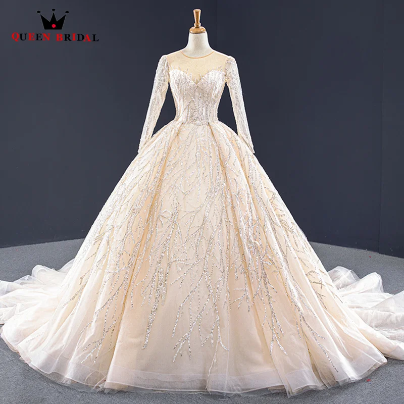 Exquisite Champagne Wedding Dress Illusion O-Neck Long Sleeves Bridal Gown Ball Gown Lace Sequined Bride dress Custom Made XX05