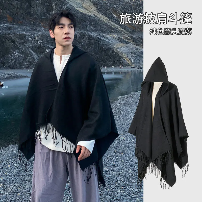 Black Warm Cashmere Blend Ponchos Male Winter Autumn Oversized Shawl Tassel Wraps Male Cloak Hooded Coat Thicken Pashmina