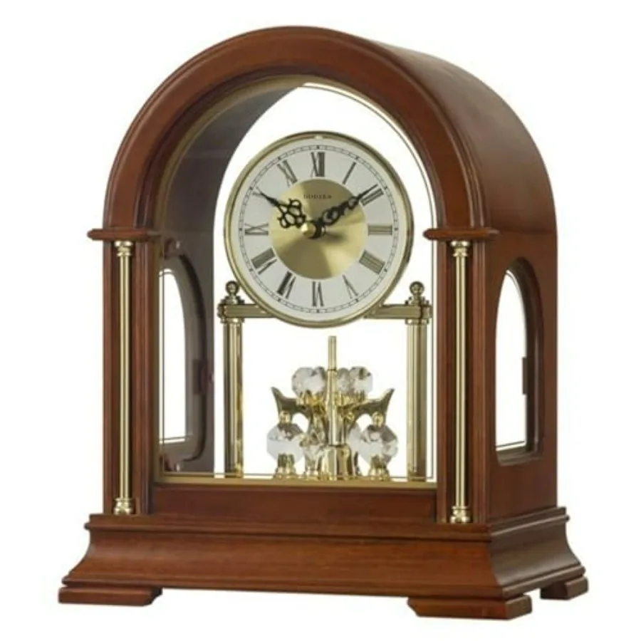 Wooden Mantel Clock TCW001DB Rotating Pendulum and Crystals Desktop Musical Hourly Chime Luxury Style for Bedroom Home Kitchen