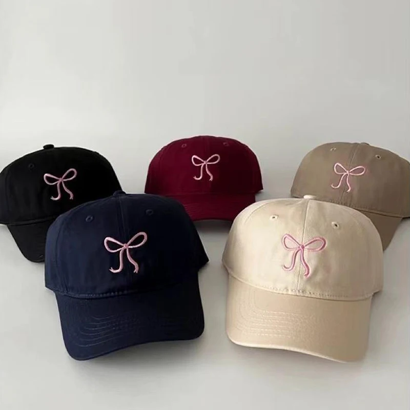 1Pcs Sweet Bowknot Embroidery Baseball Hat For Women Solid Color Korean Girl Peaked Cap Outdoor Soft Cotton Sun Visors Hat 