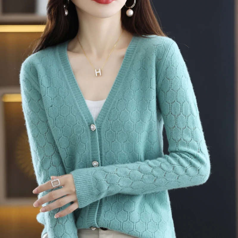 100% Pure Wool Women Cashmere Sweater V-Neck Fashion Hollow Cardigan Autumn Winter Casual Knit Solid Color Long Sleeve Tops