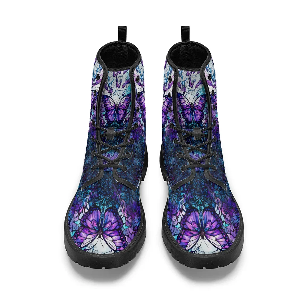 Purple artistic butterfly print black mid-calf boots, casual and stylish street-style boots for men and women.