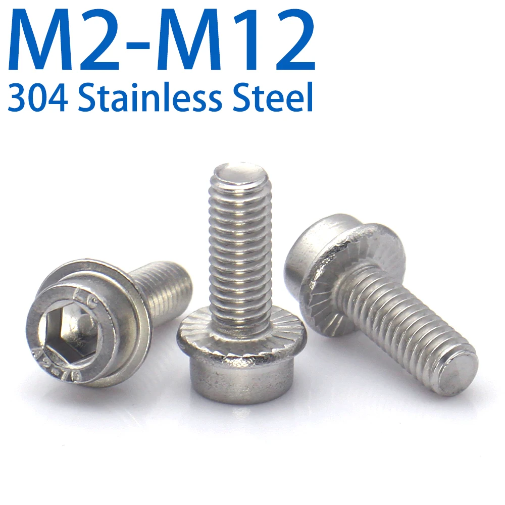 304 Stainless Steel Head Socket Cap Flange Screws Hex Socket Serrated Washer Bolts 1-25Pcs M2 M2.5 - M12
