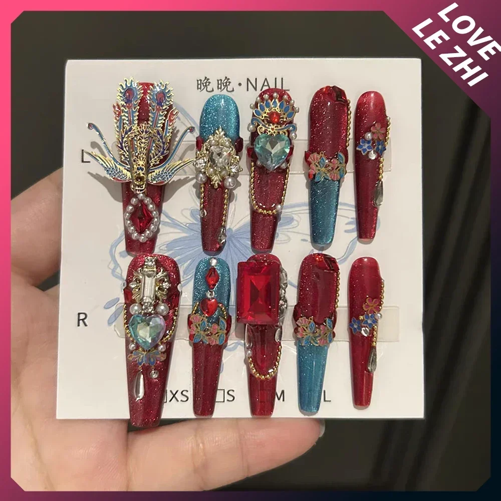 Sparkly 3D Fake Nails Cat Eyes Pure Handmade Carving Rose Pearl Butterfly Luxury Diamond Full Cover Wearable Press On Nails