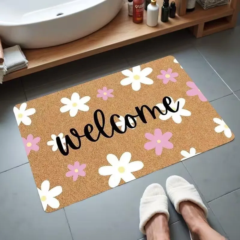VIKAMA Ins Fresh Little Daisy Welcome Floor Mat, tapete de entrada con textura retro de cáscara de coco, tapete de entrada antideslizante