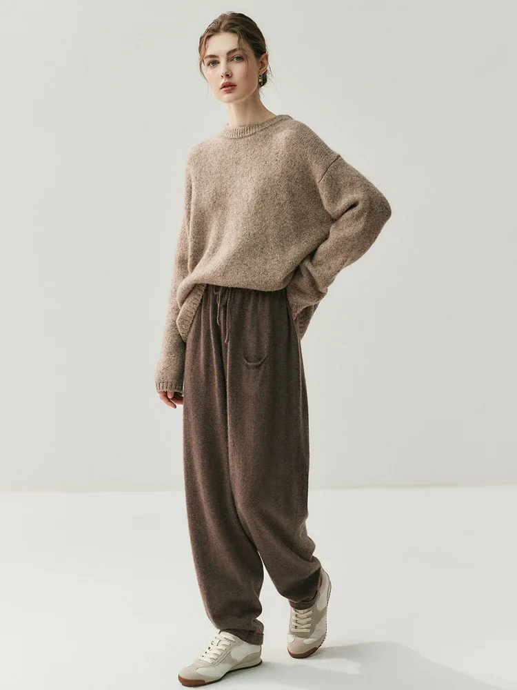 Tcyeek Autumn Winter Sweatpants Women's Pants 100% Cashmere Pants Versatile Loose Casual Pants Lace-up Trousers Warm Haren Pant