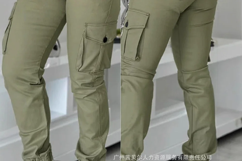 Women High Waist Multiple Pockets Design Cuffed Cargo Pants Slim Fit Trousers Pants Y2K