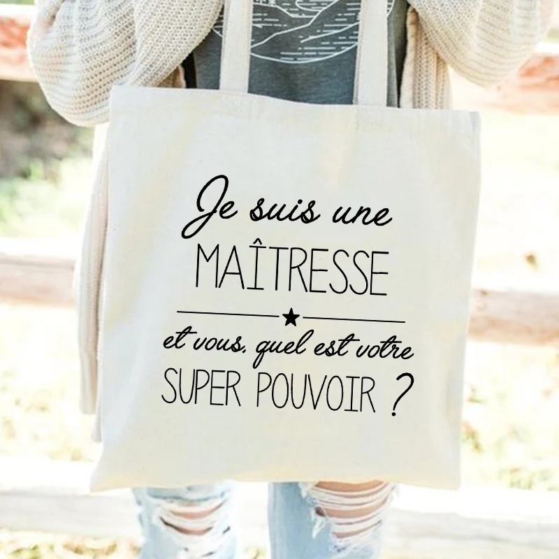 Best Teacher French Print Fashion Women Canvas Shopping Bag Eco Harajuku Aesthetic Personalized Super Mistress School Bags Gift