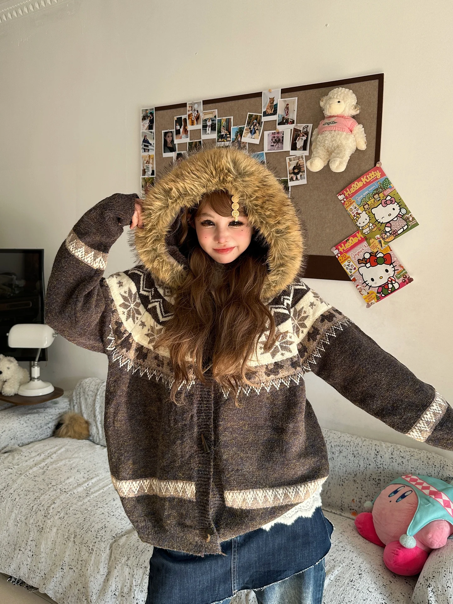 

Женский модный утепленный кардиган с отстегивающимся меховым воротником, вязаный узором Fair Isle, винтажный, приталенный, с длинными рукавами