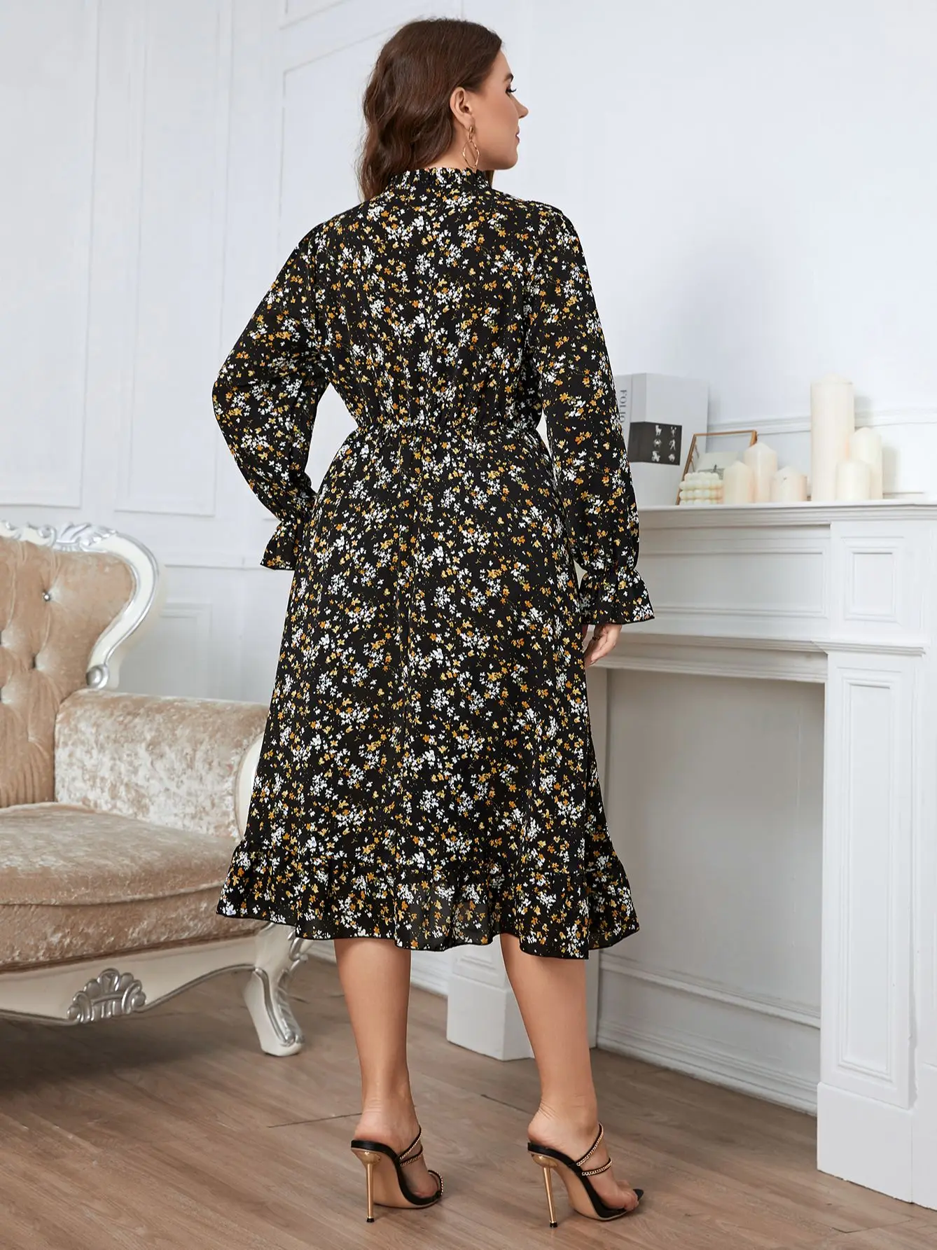 Elegant Fashion Midi Women Casual Dress Round Neck Collar Lady Puff Sleeve Floral Plus Size Clothing