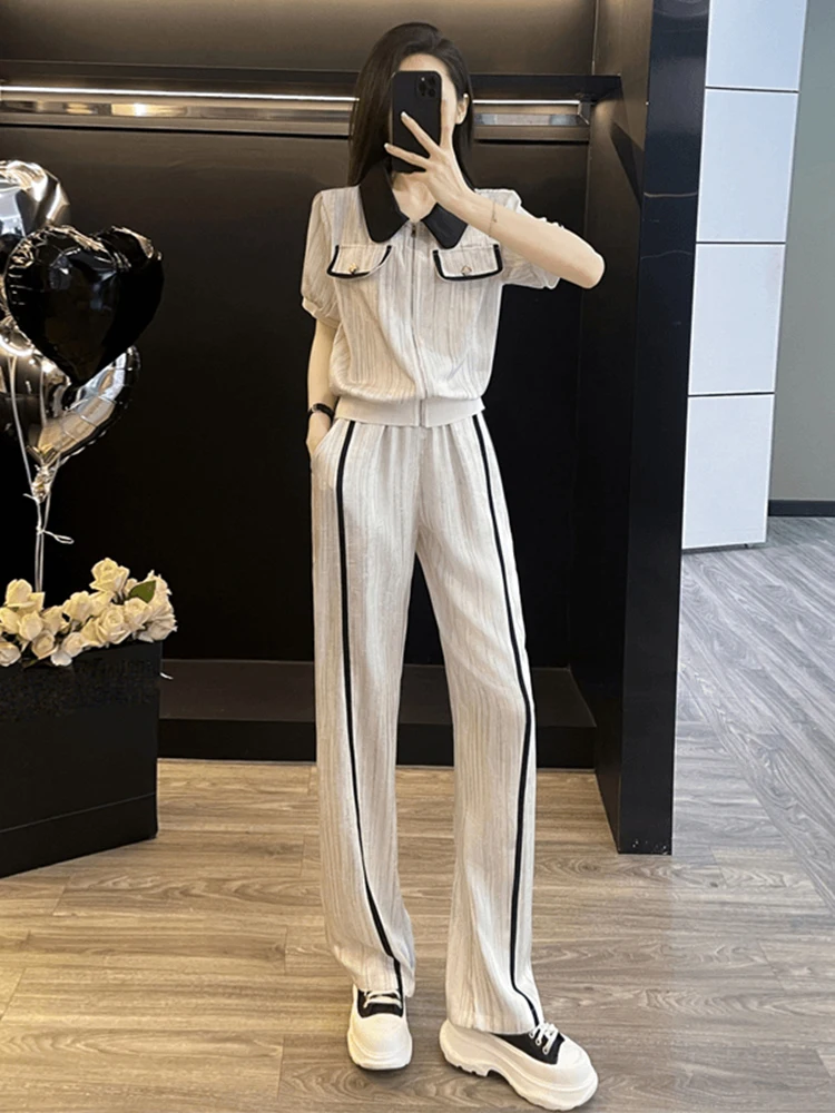 

Повседневный спортивный костюм для женщин: модный, элегантный, универсальный комплект из топа и брюк с широкими штанинами на молнии, лето 2026