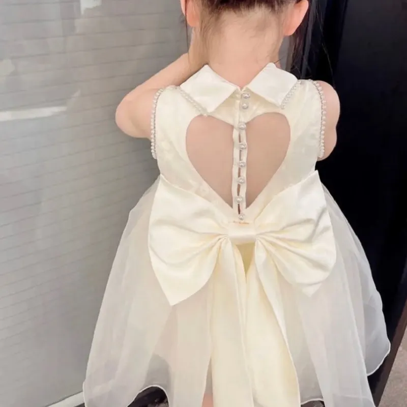 Baby Girl Princess Lace Dress Pearl Back Hollow Child Vintage Vestido Bow Party Wedding Pageant Birthday Baby Clothes 1-12Y