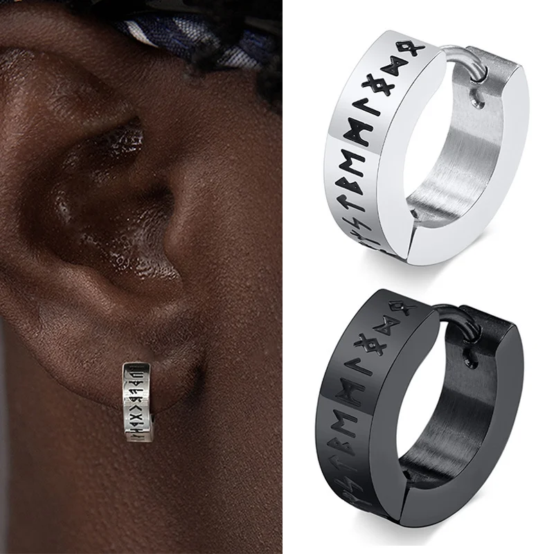 Vintage Norse Viking Runes Hoop Earrings for Men Male Boys,Waterproof Stainless Steel Huggie Ear Gifts Christmas Jewelry