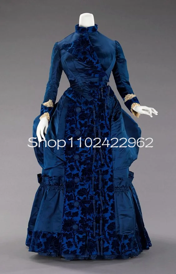 Navy Blue Vintage 18th Century History Prom Dresses with Long Sleeve Stain Velvet High Neck Costume Victorian Evening Gown