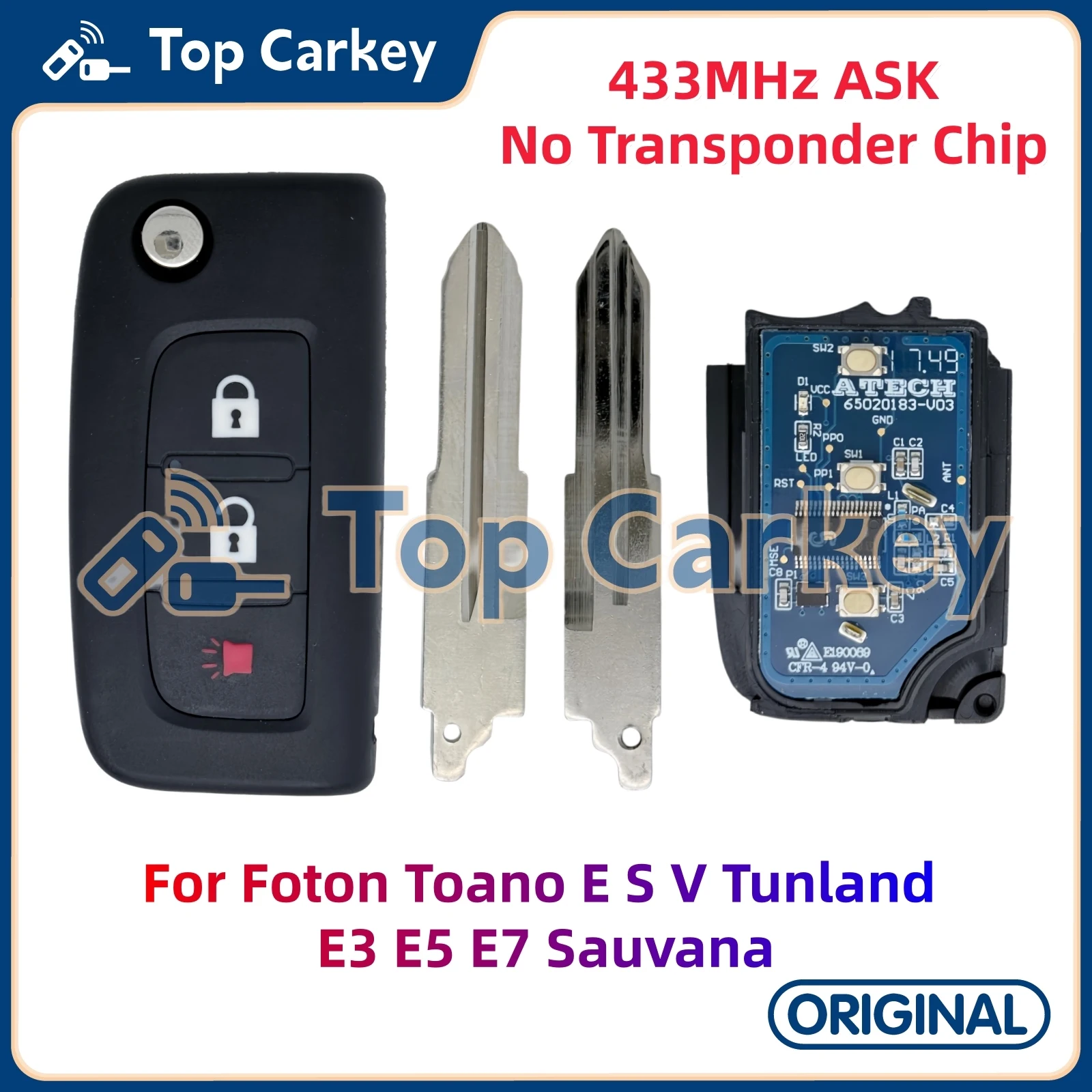 TopCarkey Original Flip Remote Control Key 433MHz ASK for Foton Toano E S V Tunland E3 E5 E7 Sauvana