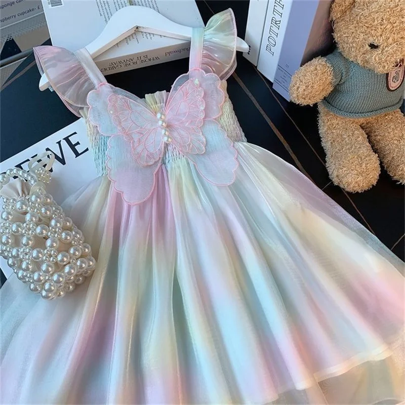 Gradient RainbowTulle Sling Dress Butterfly Decoration Vestido Summer Children Girs Princess Christmas Birthday Party Dress New