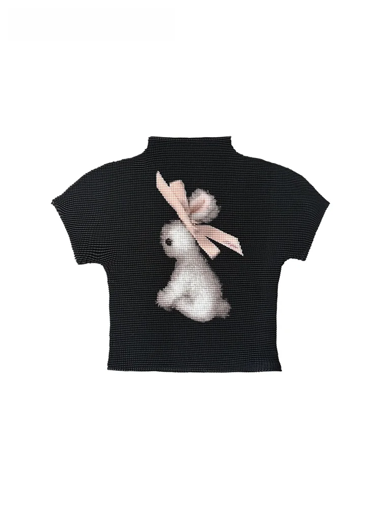 

Черная футболка с принтом кролика, плиссированная, с узлом, коротким рукавом, для девочек, художественная, приталенная, летняя