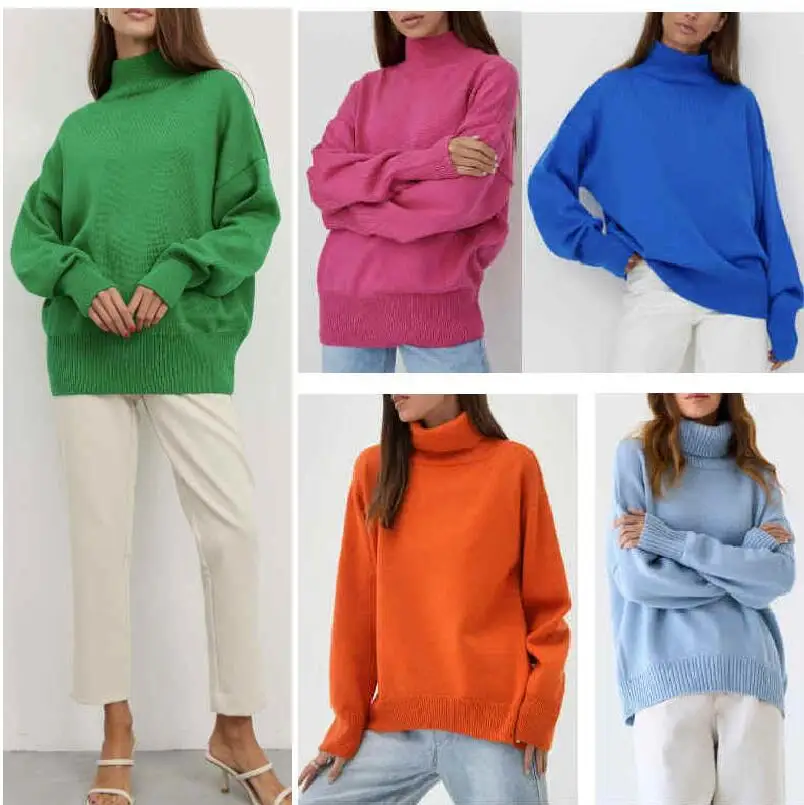 

Solid Color Turtleneck Sweater Autumn Winter Loose Knit Sweater Women's Thick Knitted Pullover Tops